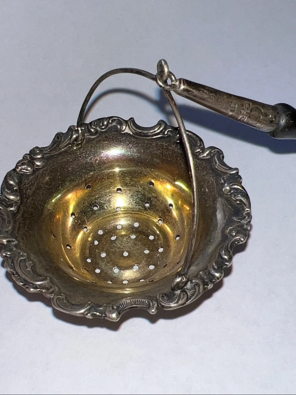 Antique Sterling Silver & Ebony dangling Victorian tea leaf strainer Repousse